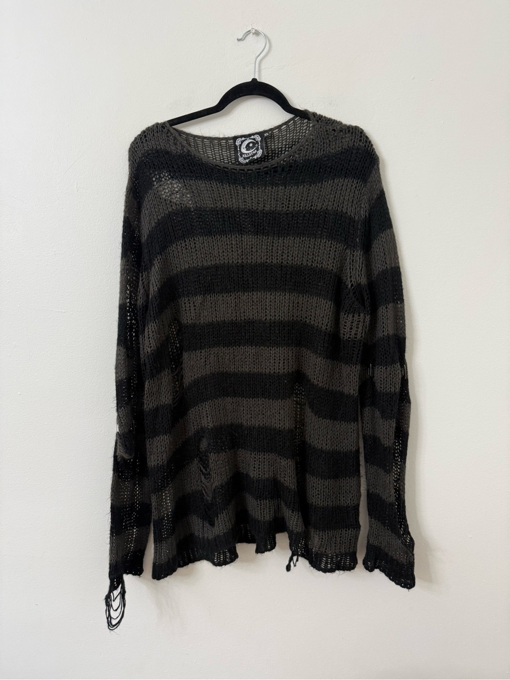 {XL} Killstar Ash Distressed Punk Gothic Knit Stripes Oversized Sweater
